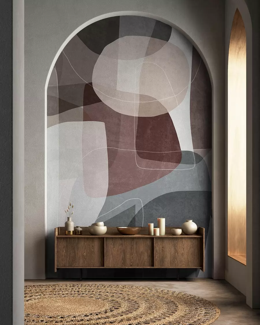murais de parede Formas abstratas em tons terrosos suaves, com finas linhas brancas e texturas sobrepostas w09942