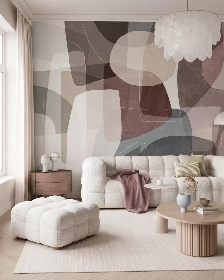 murais de parede Formas abstratas em tons terrosos suaves, com finas linhas brancas e texturas sobrepostas w09942