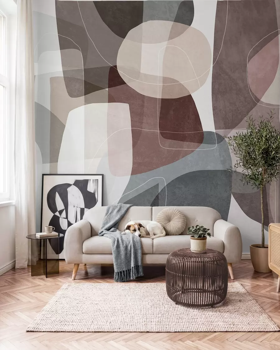 murais de parede Formas abstratas em tons terrosos suaves, com finas linhas brancas e texturas sobrepostas w09942
