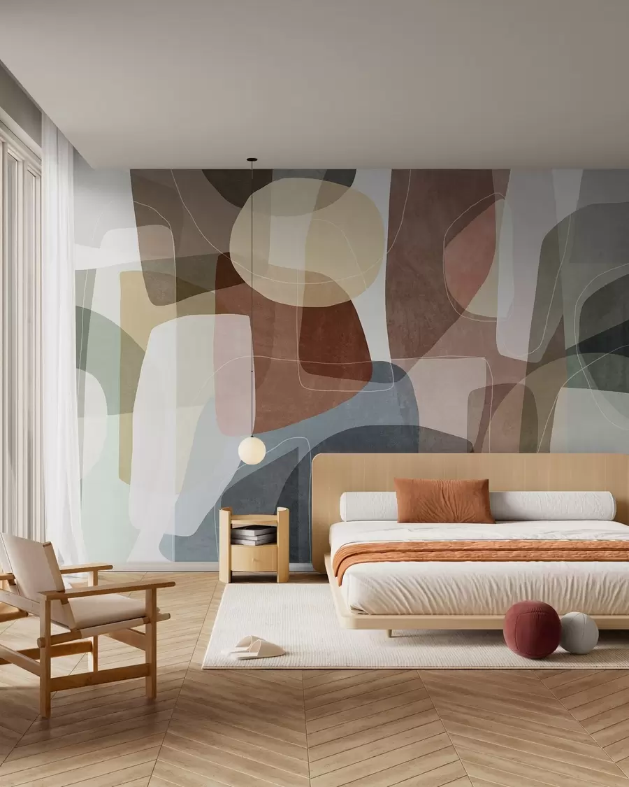 murais de parede Formas abstratas em tons terrosos suaves, com finas linhas brancas e texturas sobrepostas w09942v1