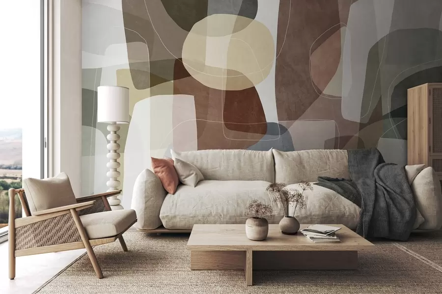 murais de parede Formas abstratas em tons terrosos suaves, com finas linhas brancas e texturas sobrepostas w09942v1
