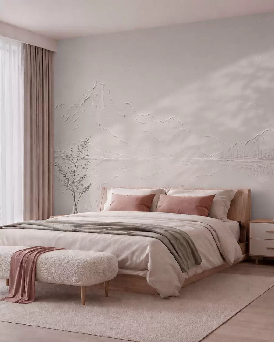 murais de parede Uma paisagem montanhosa em tons de rosa claro, com textura, e um lago que parece um espelho w05739v1