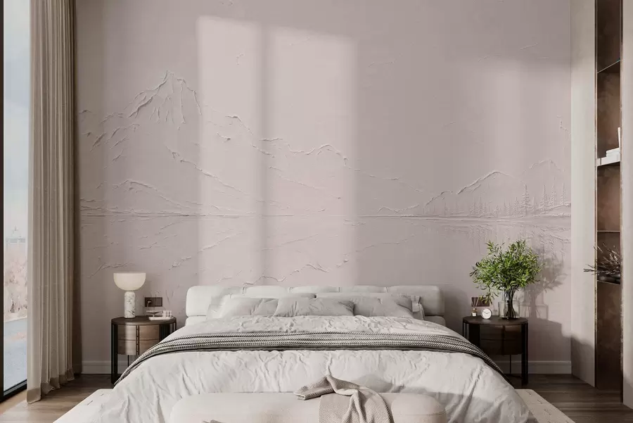 murais de parede Uma paisagem montanhosa em tons de rosa claro, com textura, e um lago que parece um espelho w05739v1