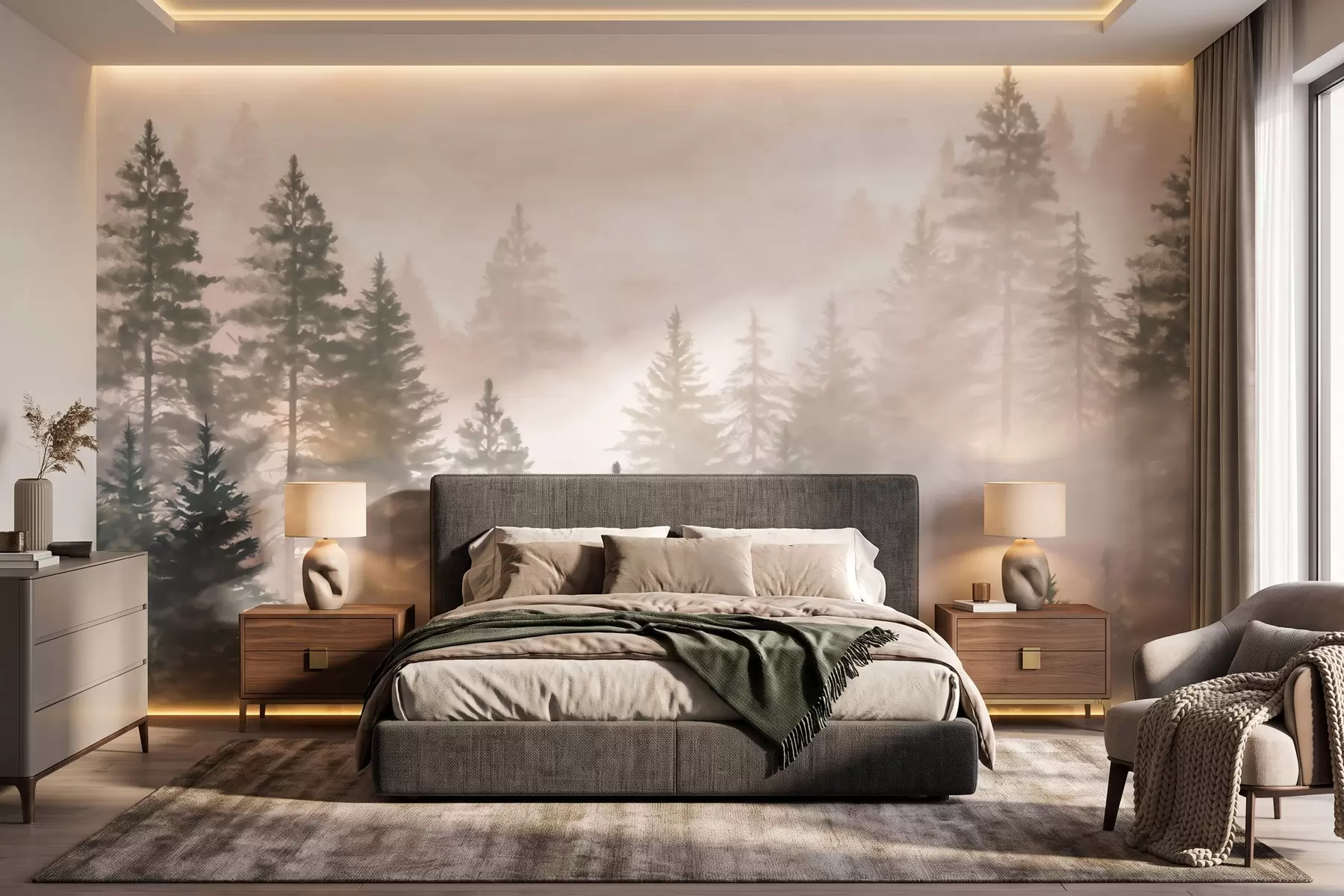 murais de parede Floresta de coníferas enevoada em tons de verde escuro, em estilo aquarela w09929