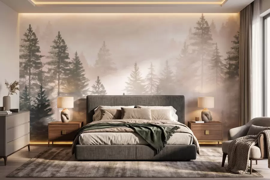 murais de parede Floresta de coníferas enevoada em tons de verde escuro, em estilo aquarela w09929