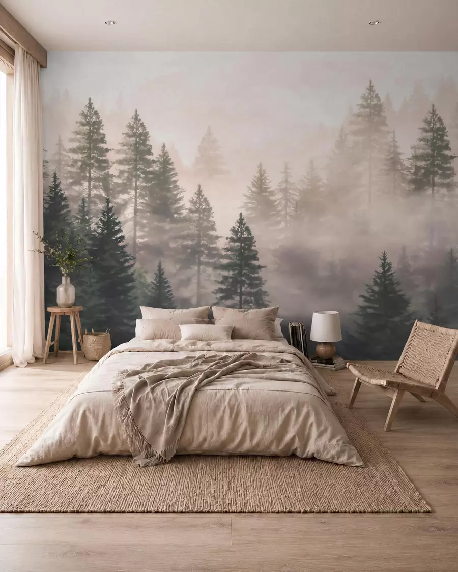 murais de parede Floresta de coníferas enevoada em tons de verde escuro, em estilo aquarela w09929