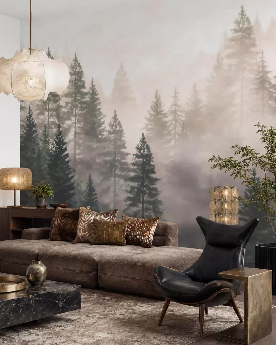 murais de parede Floresta de coníferas enevoada em tons de verde escuro, em estilo aquarela w09929