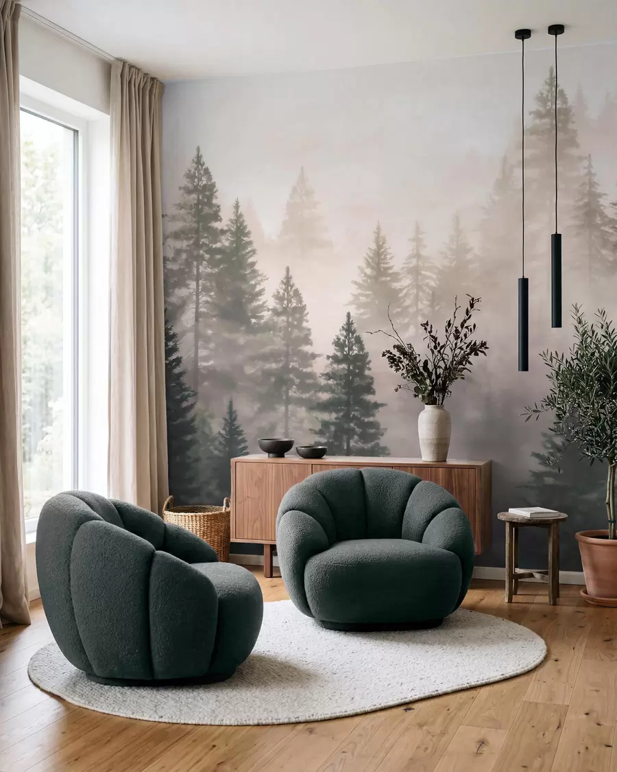 murais de parede Floresta de coníferas enevoada em tons de verde escuro, em estilo aquarela w09929