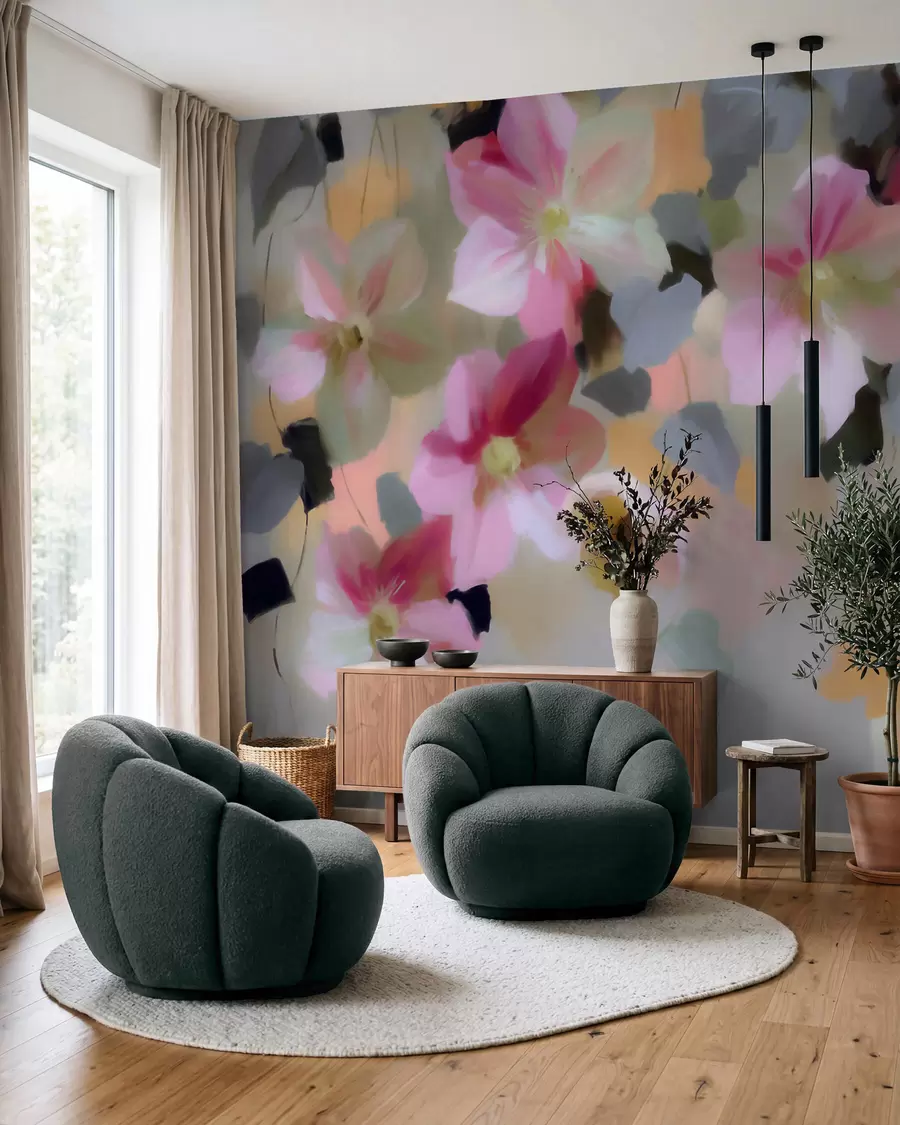 murais de parede Composição clara e arejada com flores pendentes em estilo aquarela w09931