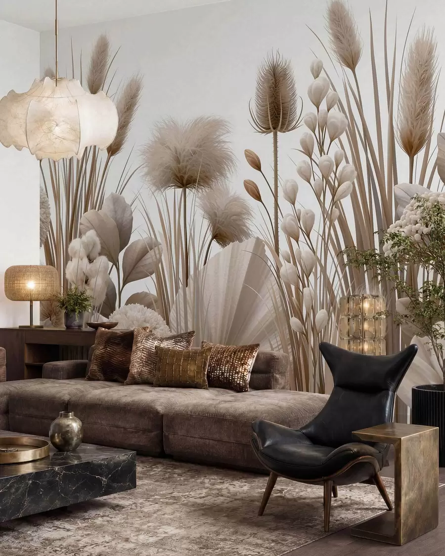 murais de parede Flores secas altas em tons neutros de bege w09932