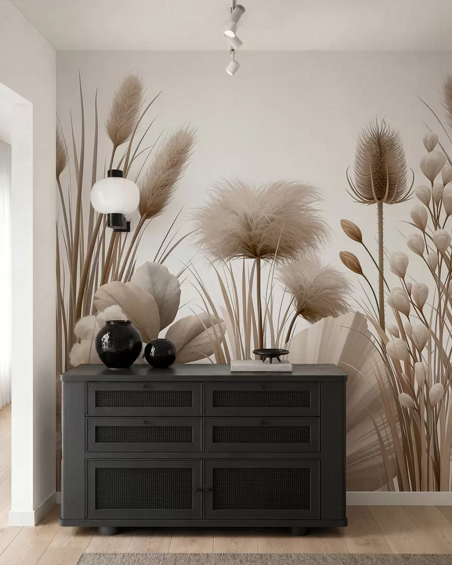 murais de parede Flores secas altas em tons neutros de bege w09932