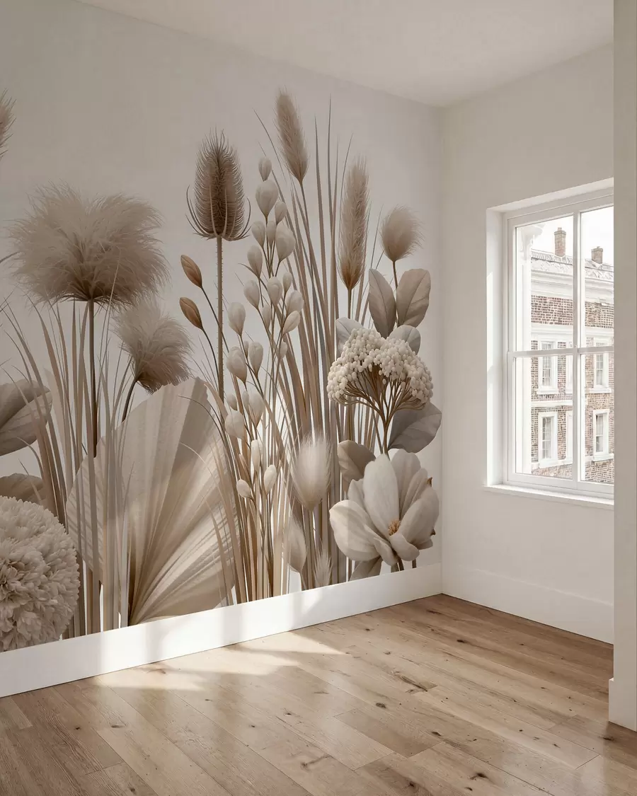 murais de parede Flores secas altas em tons neutros de bege w09932