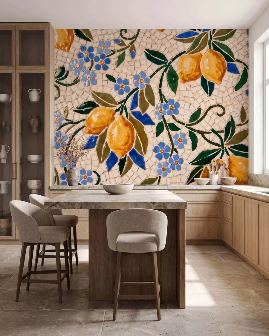 murais de parede Composição decorativa alegre em estilo de mosaico cerâmico com limões suculentos, flores, folhas e galhos w09948