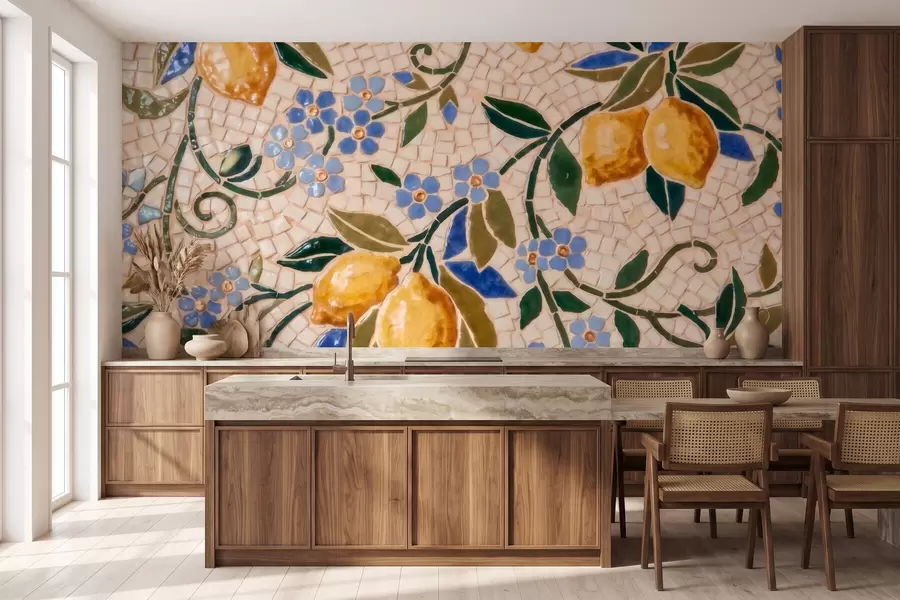 murais de parede Composição decorativa alegre em estilo de mosaico cerâmico com limões suculentos, flores, folhas e galhos w09948