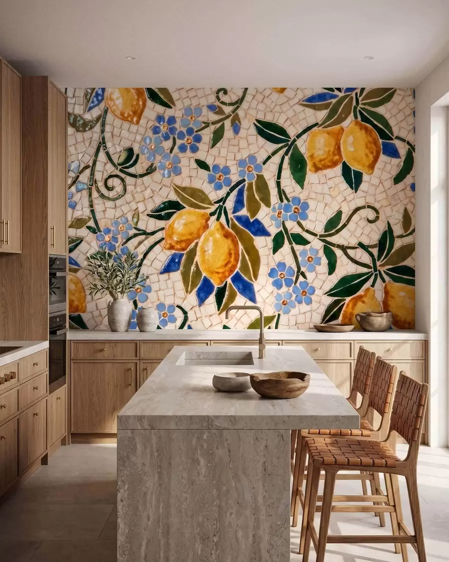 murais de parede Composição decorativa alegre em estilo de mosaico cerâmico com limões suculentos, flores, folhas e galhos w09948
