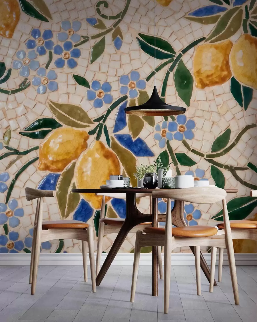 murais de parede Composição decorativa alegre em estilo de mosaico cerâmico com limões suculentos, flores, folhas e galhos w09948