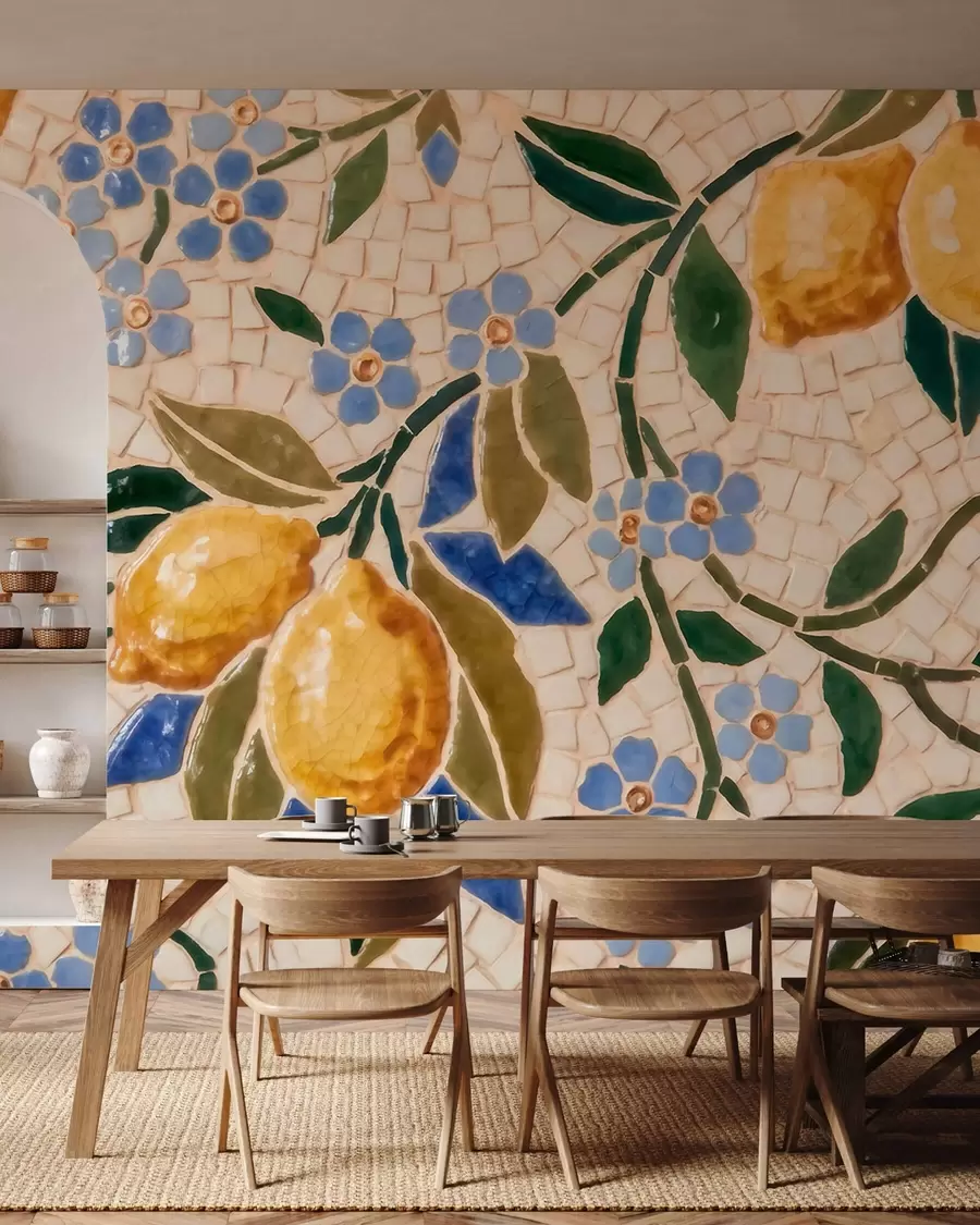 murais de parede Composição decorativa alegre em estilo de mosaico cerâmico com limões suculentos, flores, folhas e galhos w09948