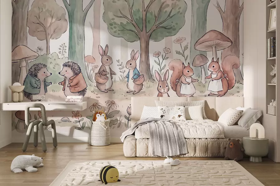 murais de parede Animais da floresta de contos de fadas em uma floresta, em estilo aquarela w09951