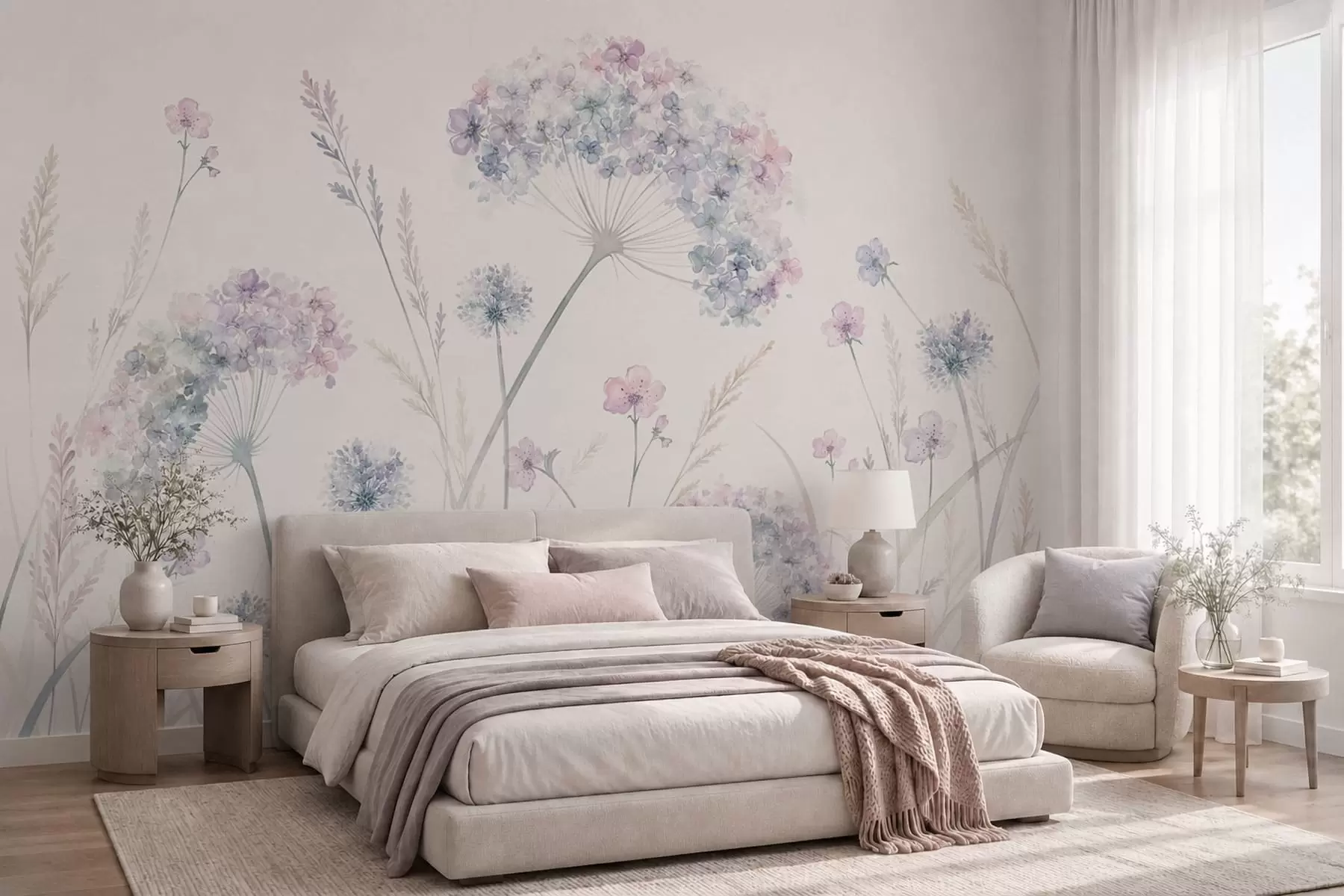 murais de parede Flores do campo em suaves tons de azul e lilás w05731