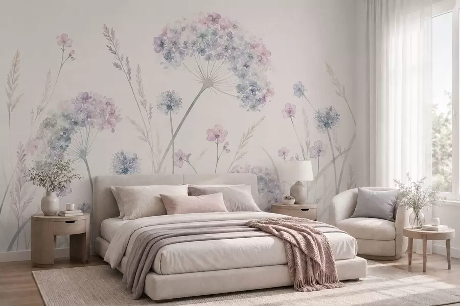 murais de parede Flores do campo em suaves tons de azul e lilás w05731