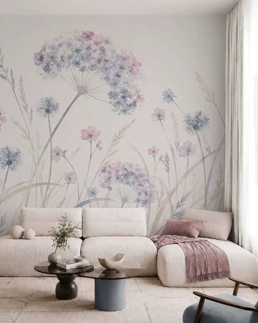 murais de parede Flores do campo em suaves tons de azul e lilás w05731