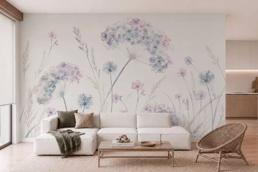murais de parede Flores do campo em suaves tons de azul e lilás w05731