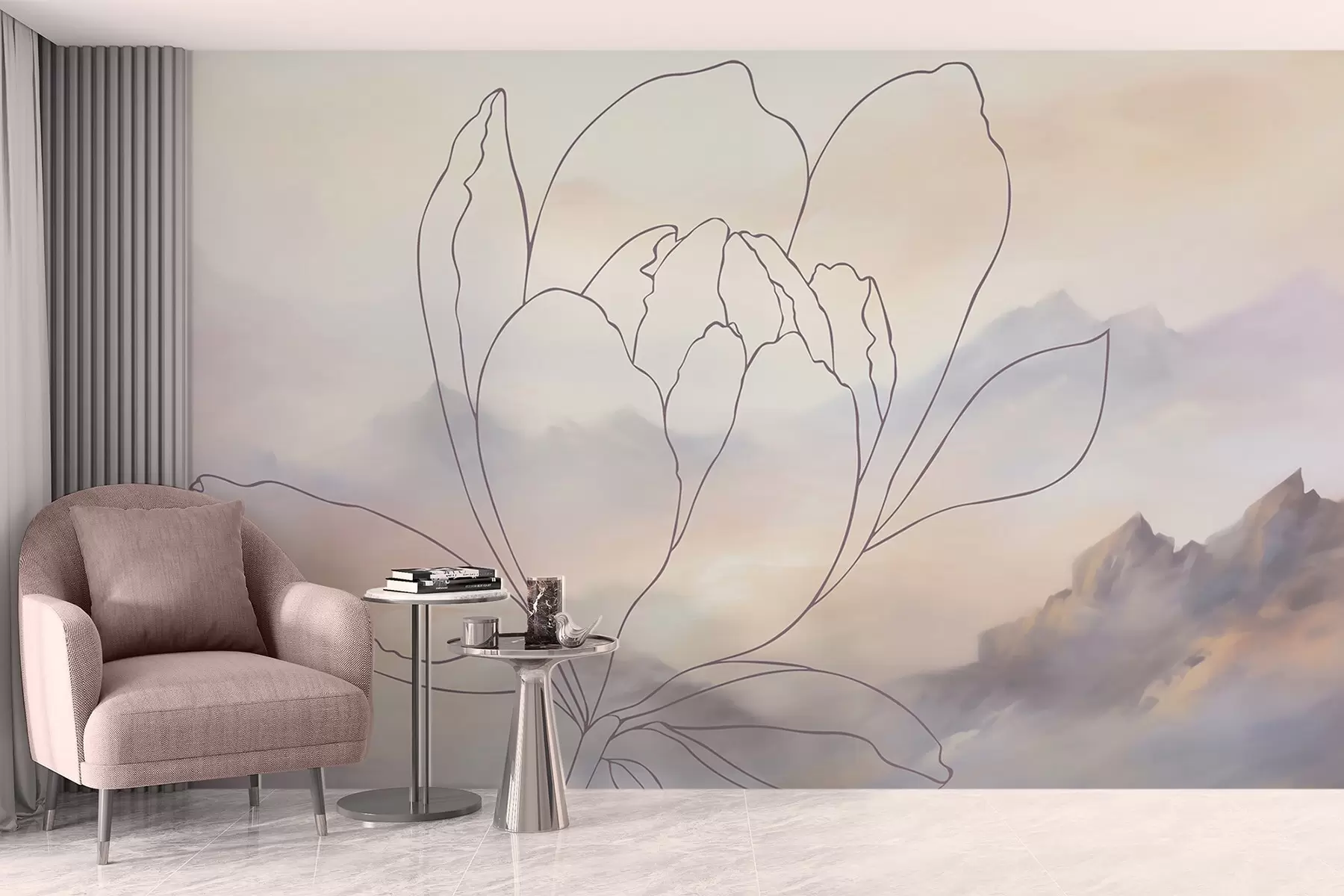murais de parede Paisagem montanhosa com a silhueta de uma flor w05788