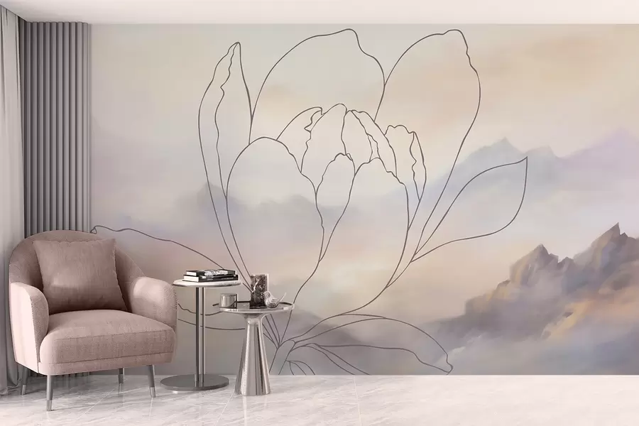 murais de parede Paisagem montanhosa com a silhueta de uma flor w05788