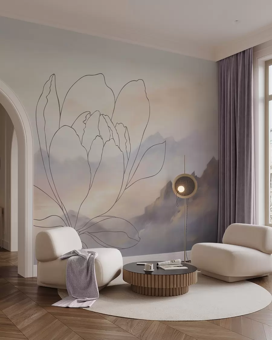 murais de parede Paisagem montanhosa com a silhueta de uma flor w05788