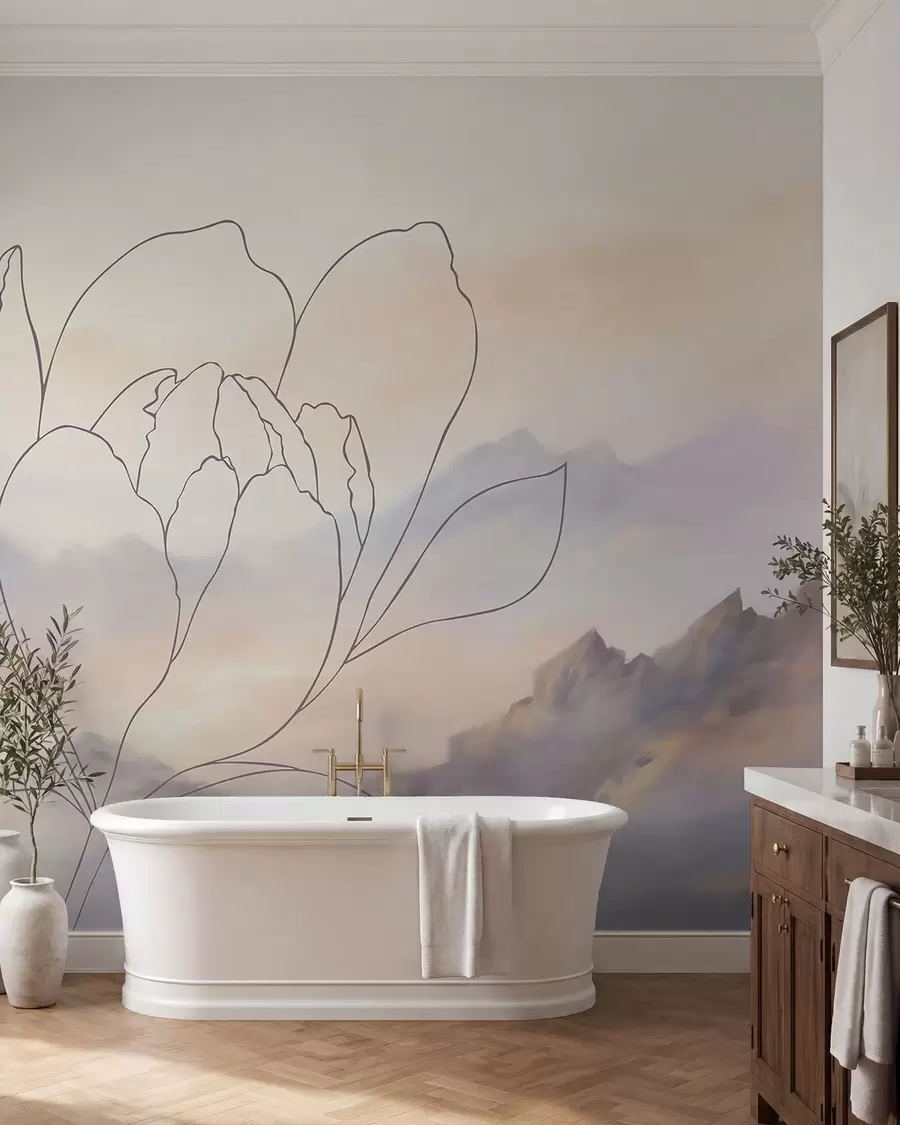 murais de parede Paisagem montanhosa com a silhueta de uma flor w05788