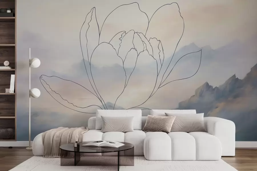 murais de parede Paisagem montanhosa com a silhueta de uma flor w05788v1
