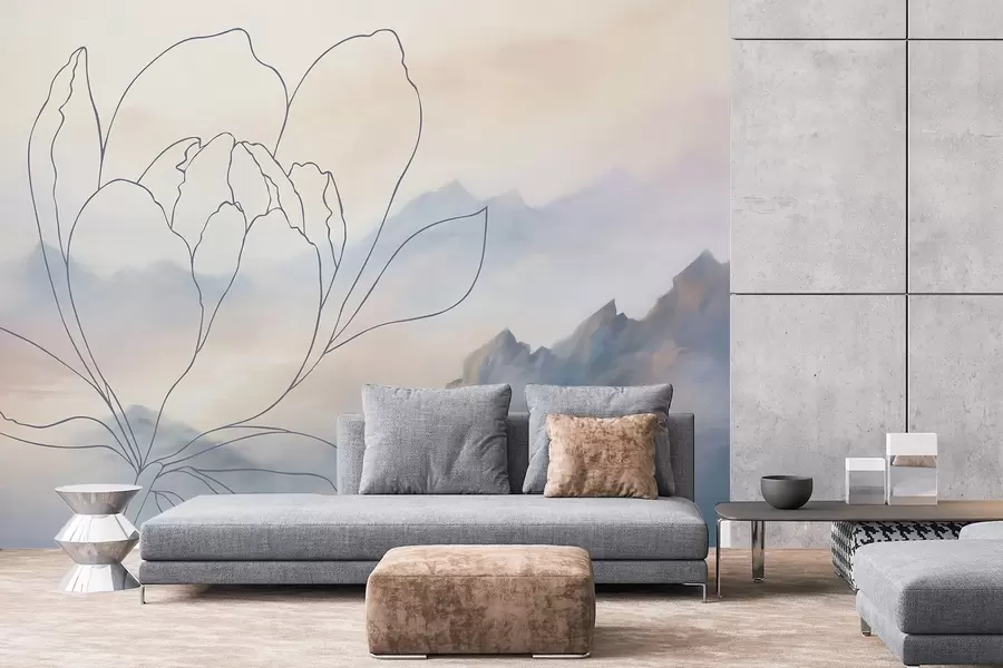 murais de parede Paisagem montanhosa com a silhueta de uma flor w05788v1