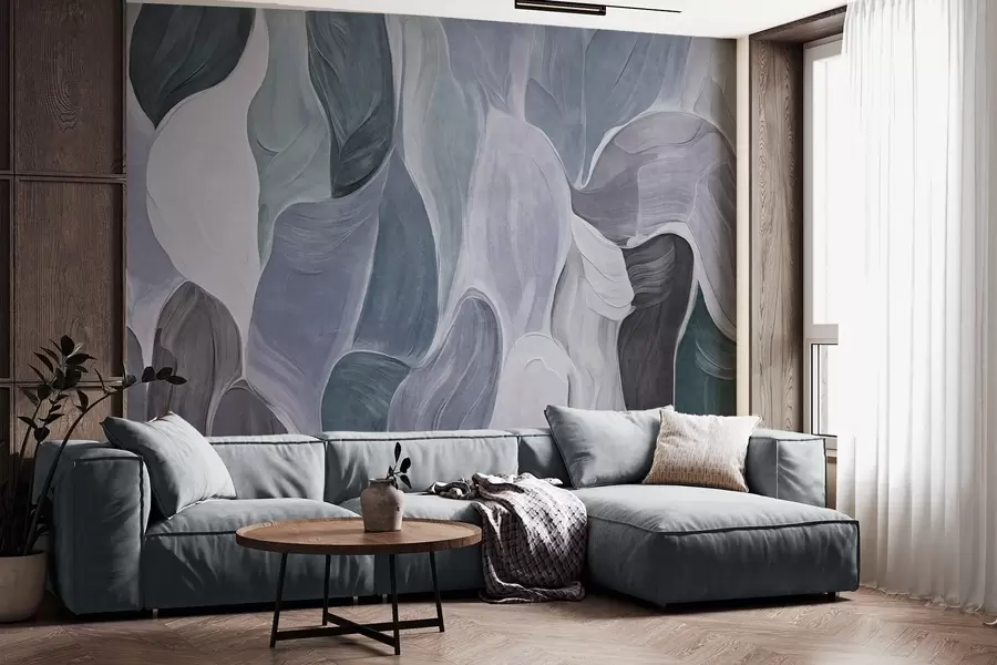 murais de parede Formas abstratas em tons suaves de azul e cinza, imitação de pinceladas w09908v1