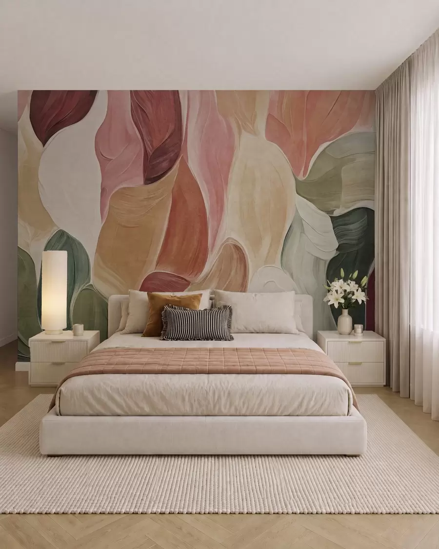 murais de parede Formas abstratas em tons suaves de rosa, pêssego e verde, com imitação de pinceladas w09908