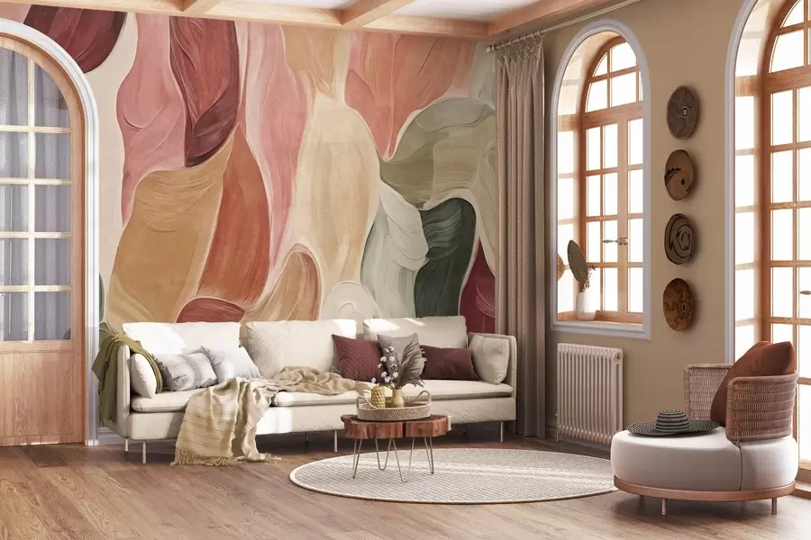 murais de parede Formas abstratas em tons suaves de rosa, pêssego e verde, com imitação de pinceladas w09908