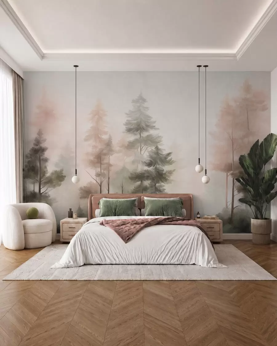 murais de parede Floresta com textura, repleta de pinheiros altos em tons de verde e rosa, com uma névoa leve e suave w09982