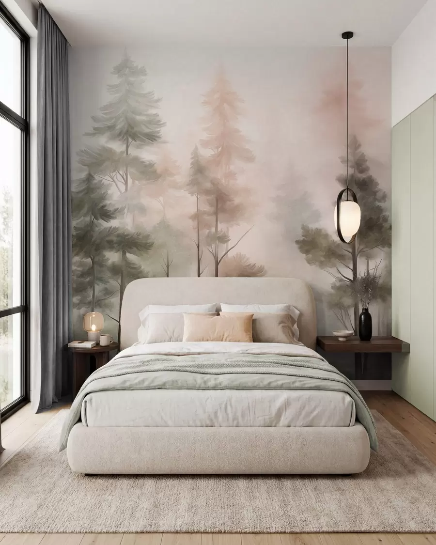 murais de parede Floresta com textura, repleta de pinheiros altos em tons de verde e rosa, com uma névoa leve e suave w09982