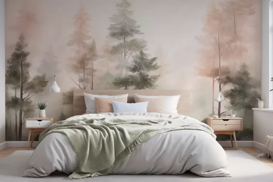 murais de parede Floresta com textura, repleta de pinheiros altos em tons de verde e rosa, com uma névoa leve e suave w09982