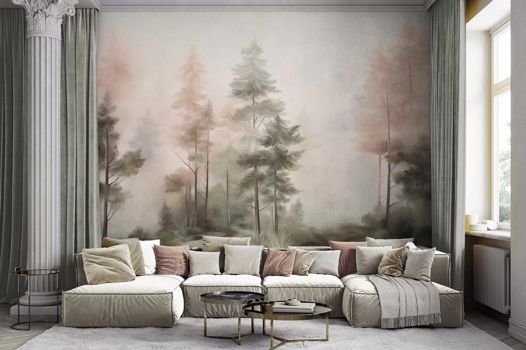 murais de parede Floresta com textura, repleta de pinheiros altos em tons de verde e rosa, com uma névoa leve e suave w09982