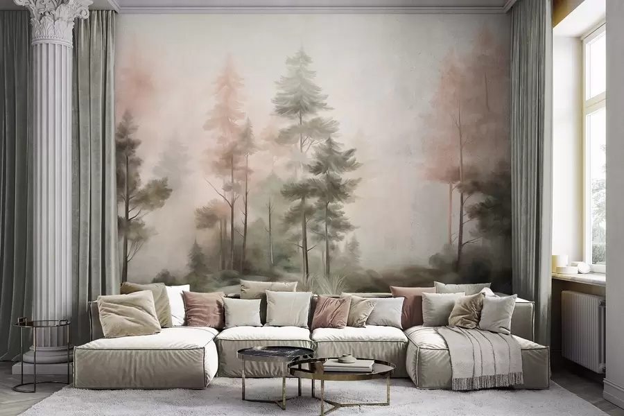 murais de parede Floresta com textura, repleta de pinheiros altos em tons de verde e rosa, com uma névoa leve e suave w09982