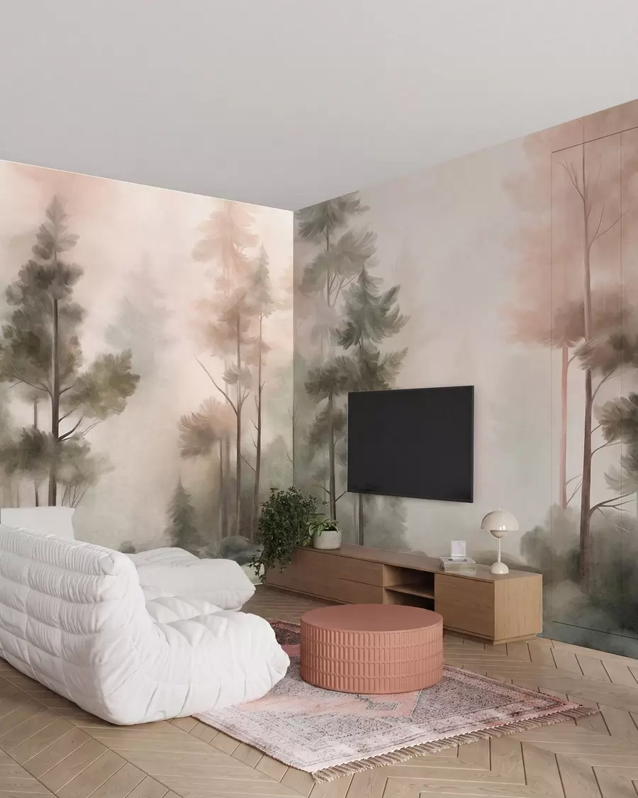 murais de parede Floresta com textura, repleta de pinheiros altos em tons de verde e rosa, com uma névoa leve e suave w09982