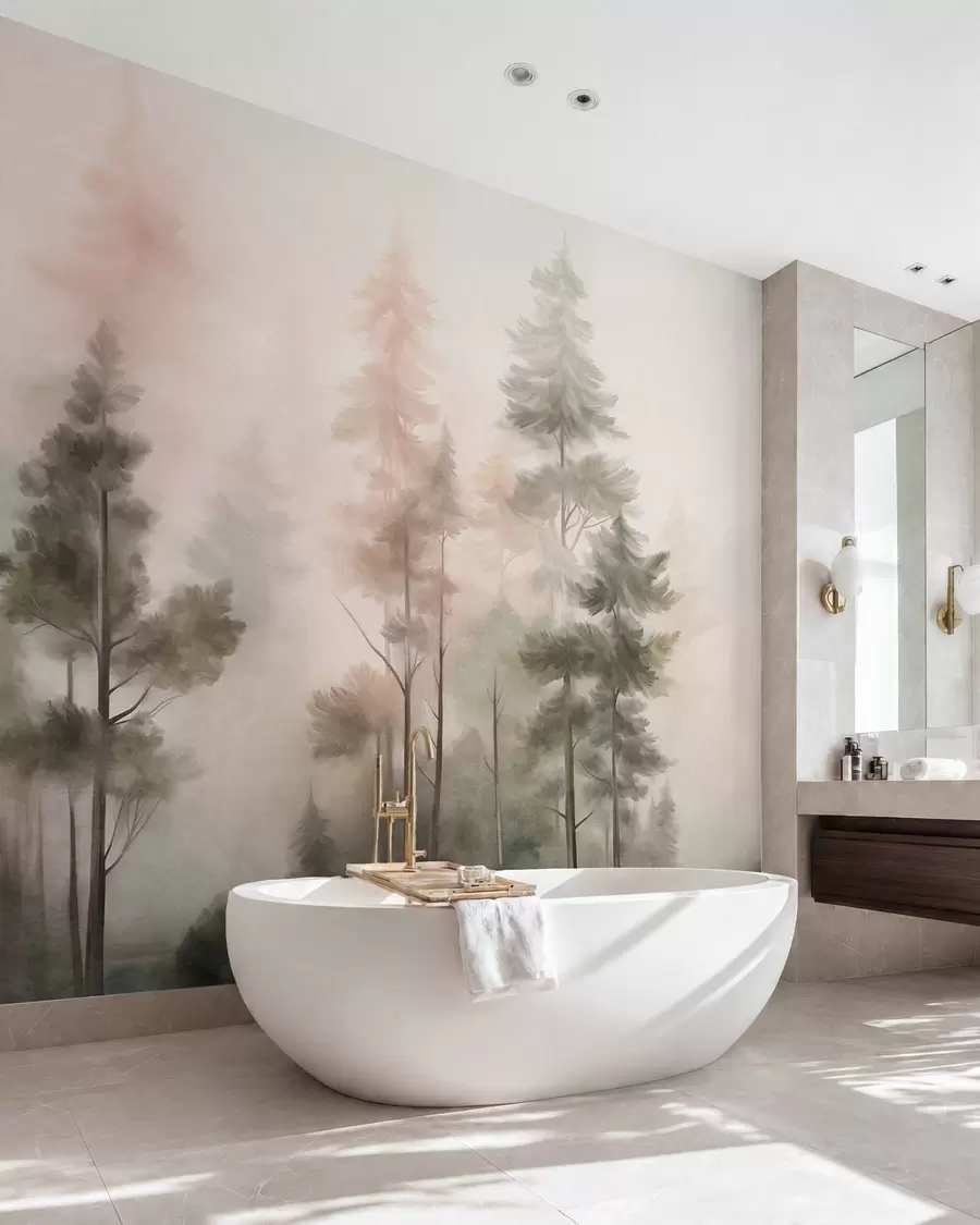 murais de parede Floresta com textura, repleta de pinheiros altos em tons de verde e rosa, com uma névoa leve e suave w09982