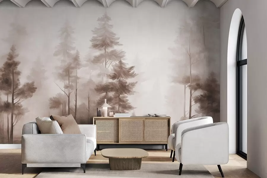 murais de parede Floresta com textura, repleta de pinheiros altos em tons de marrom, com uma leve névoa suave w09982v1