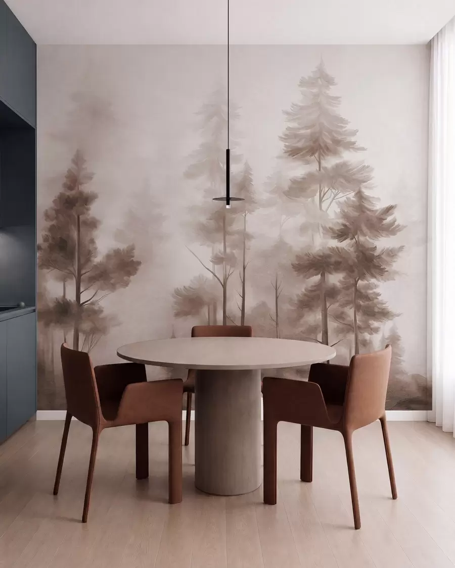 murais de parede Floresta com textura, repleta de pinheiros altos em tons de marrom, com uma leve névoa suave w09982v1