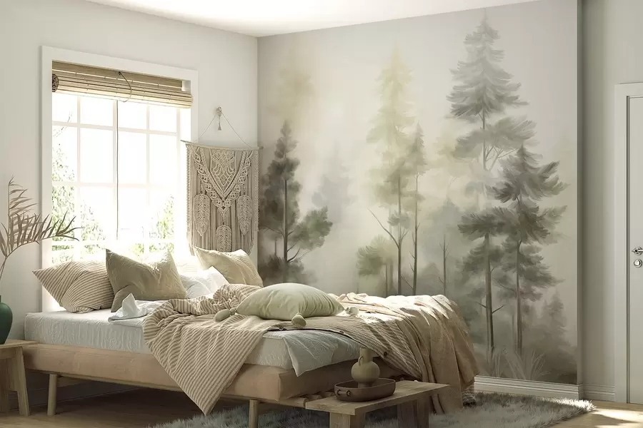 murais de parede Floresta com textura, repleta de pinheiros altos em tons de verde e amarelo, com uma névoa leve e suave w09982v2