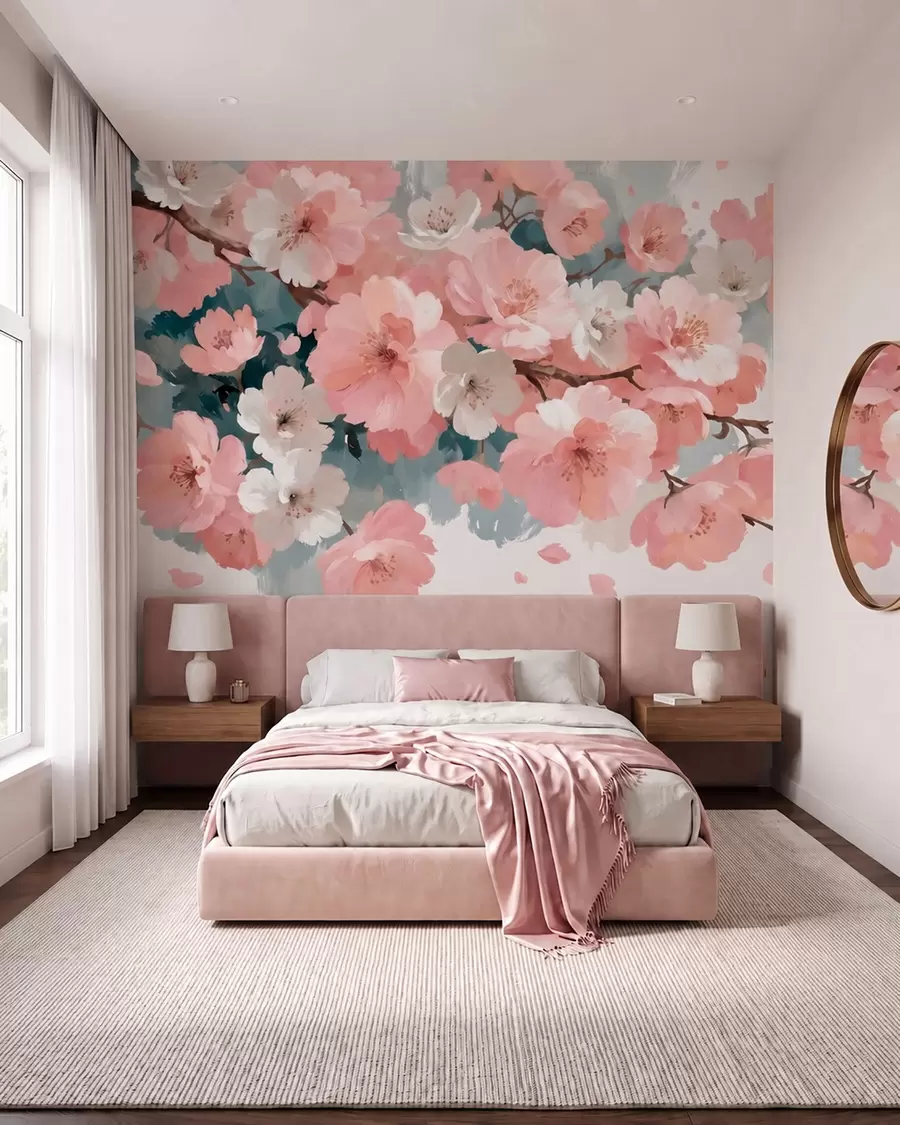 murais de parede Flores de cerejeira em flor, com pétalas rosa e brancas, em estilo de pintura a óleo w09912