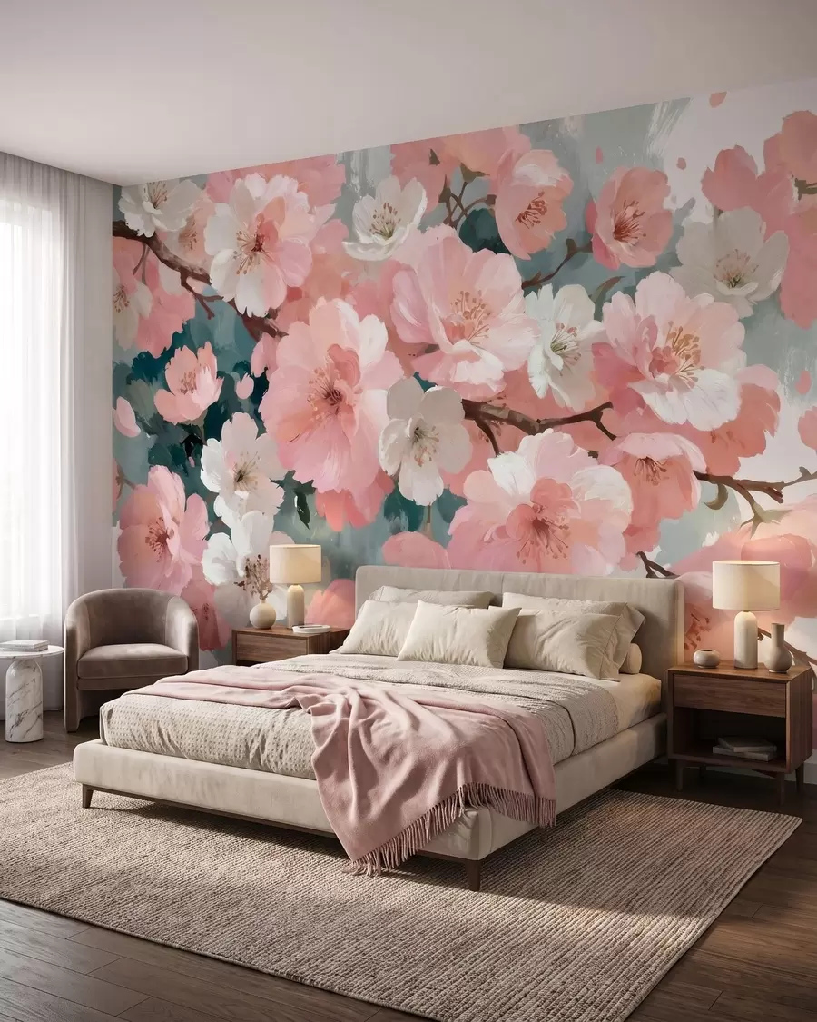 murais de parede Flores de cerejeira em flor, com pétalas rosa e brancas, em estilo de pintura a óleo w09912