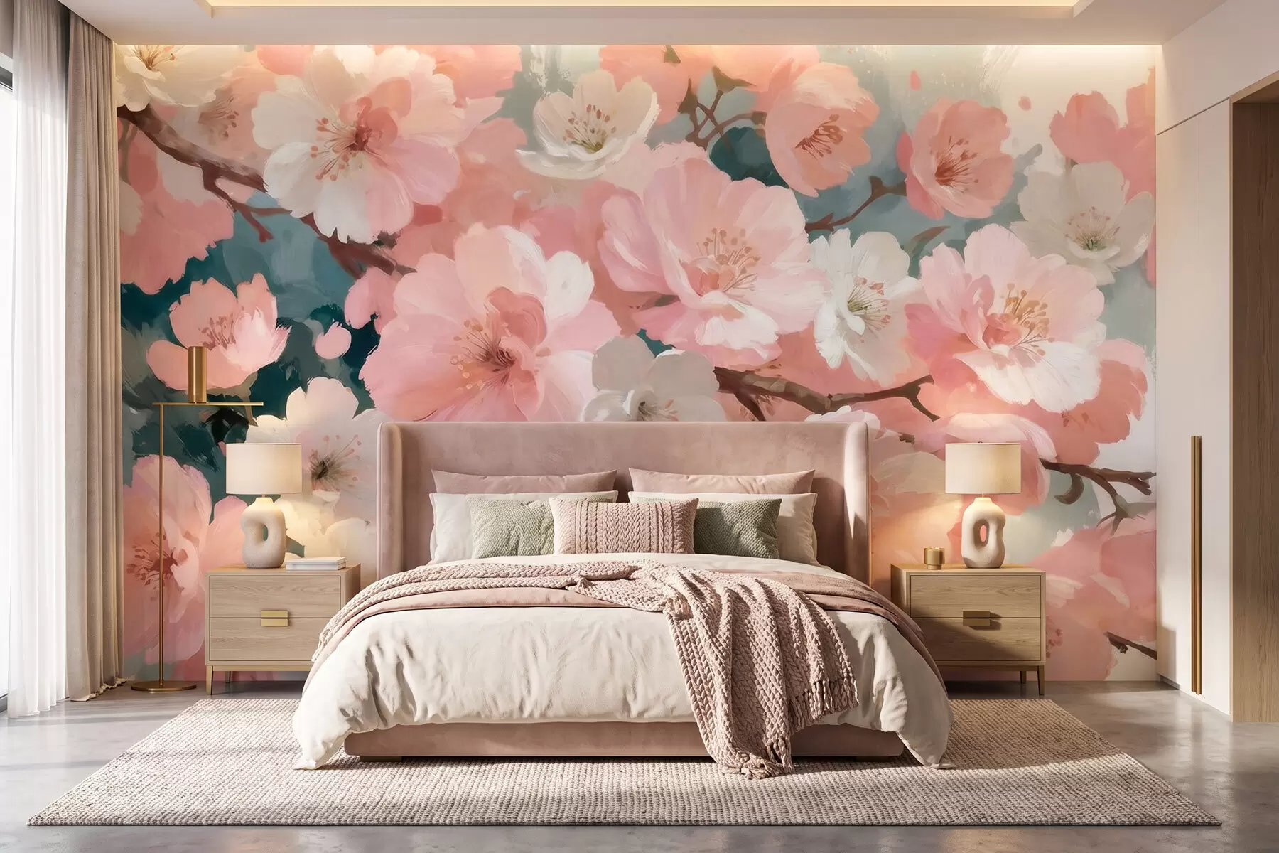 murais de parede Flores de cerejeira em flor, com pétalas rosa e brancas, em estilo de pintura a óleo w09912