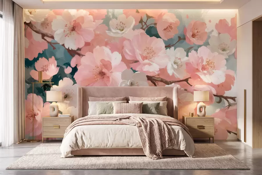 murais de parede Flores de cerejeira em flor, com pétalas rosa e brancas, em estilo de pintura a óleo w09912