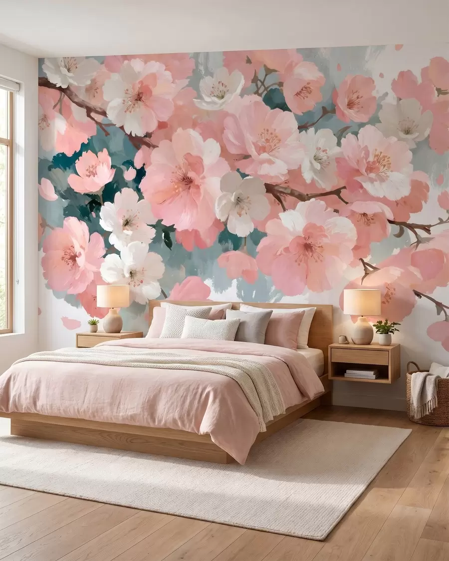 murais de parede Flores de cerejeira em flor, com pétalas rosa e brancas, em estilo de pintura a óleo w09912